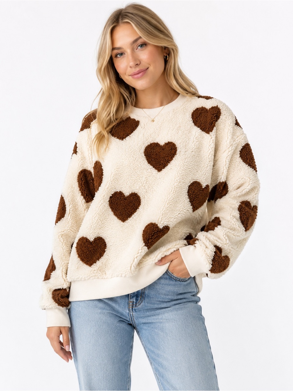 NWOT Brown Heart Sherpa Sweater Cream Cozy Pullover Fleece Valentine Medium